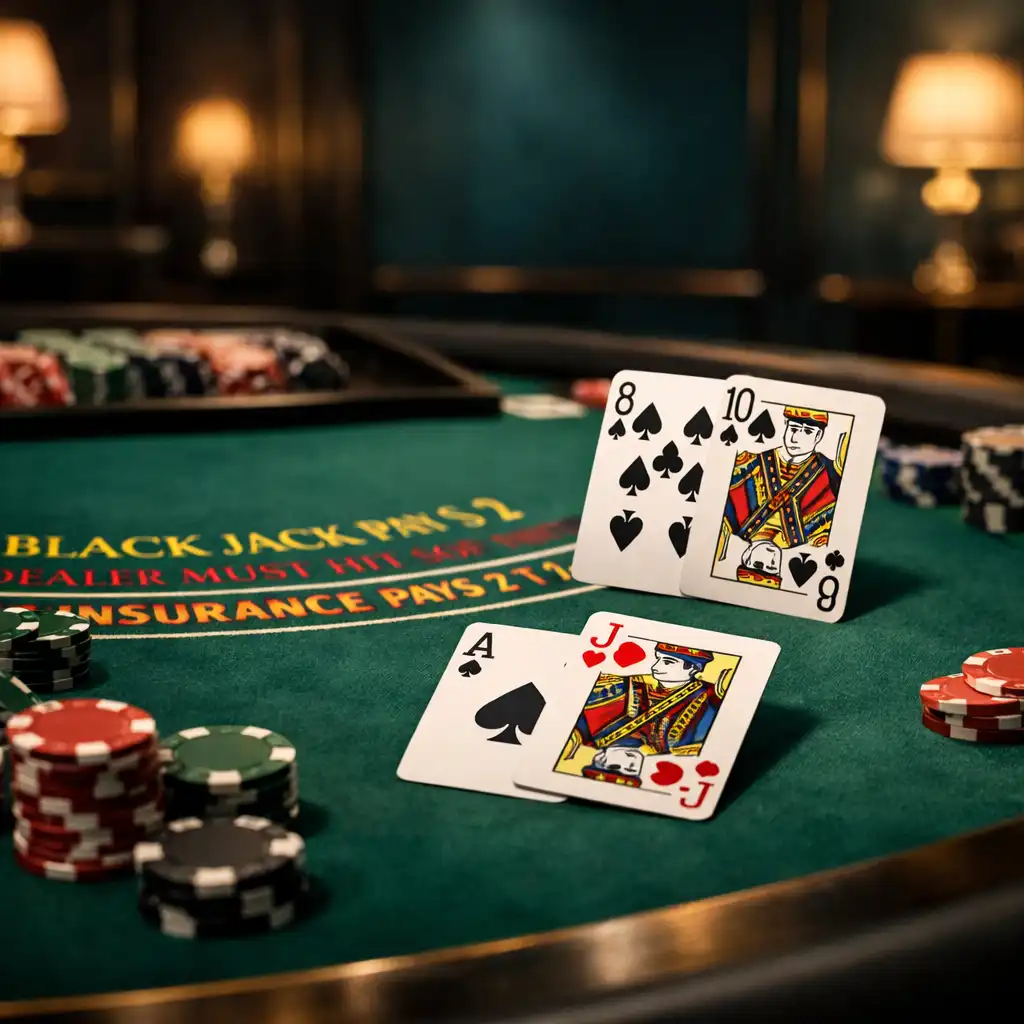 Valódi blackjack asztal zöld posztóval, kártyákkal és zsetonokkal egy elegáns kaszinóban