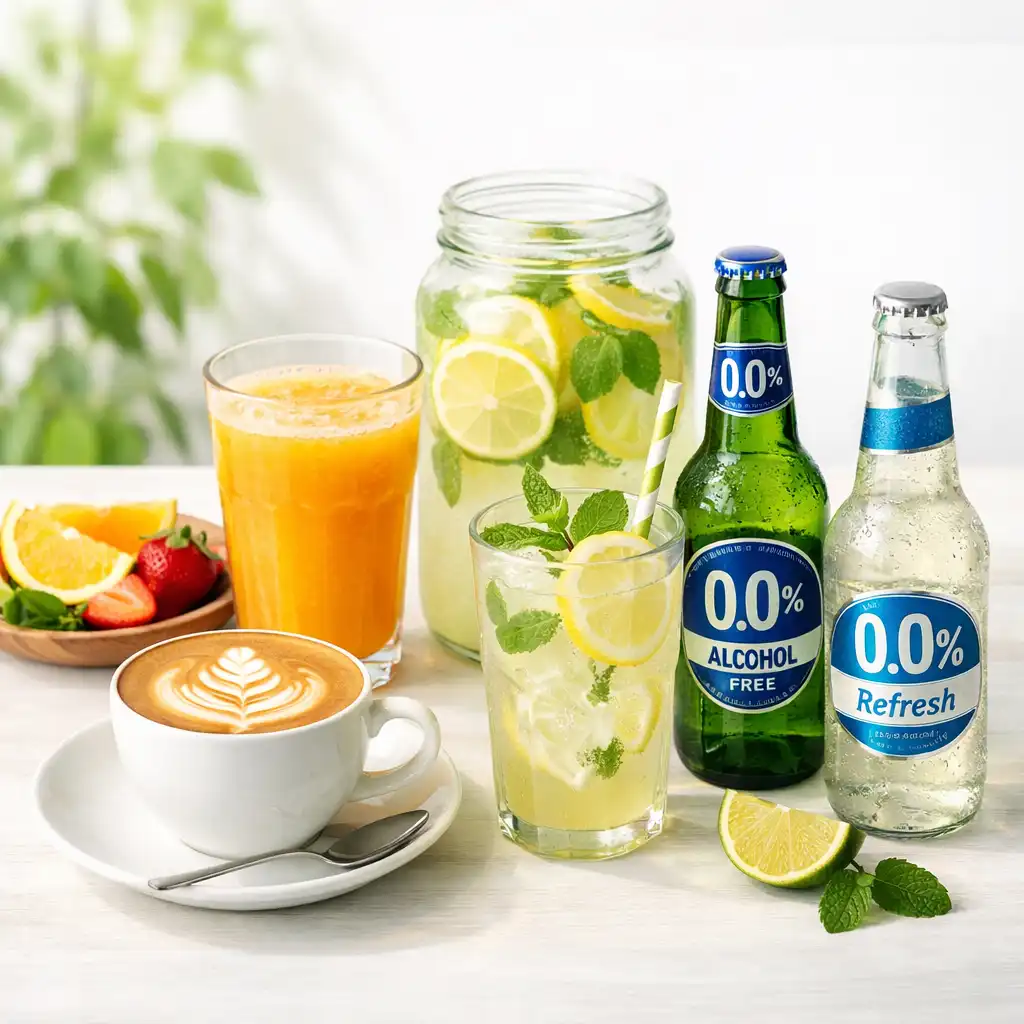 Alkoholmentes italok választéka: specialty kávé csésze latte art-tal, friss gyümölcslé, házi limonádé, 0.0% italok üvegei