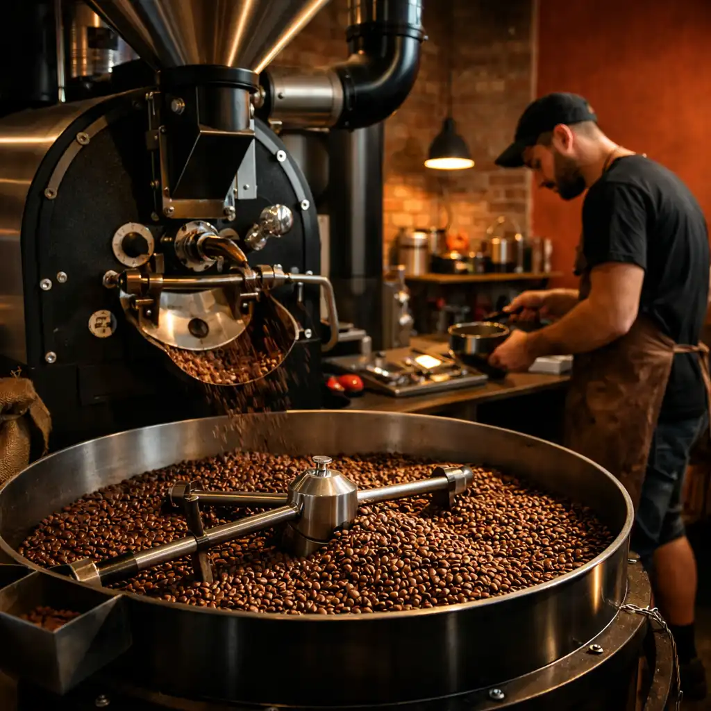 Kávépörkölő műhely, pörkölőgép, frissen pörkölt kávébabok, barista munka közben