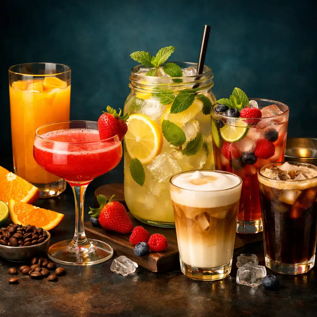 Válogatás alkoholmentes italokból: friss gyümölcslevek, házi limonádék és specialty kávé elegáns poharakban