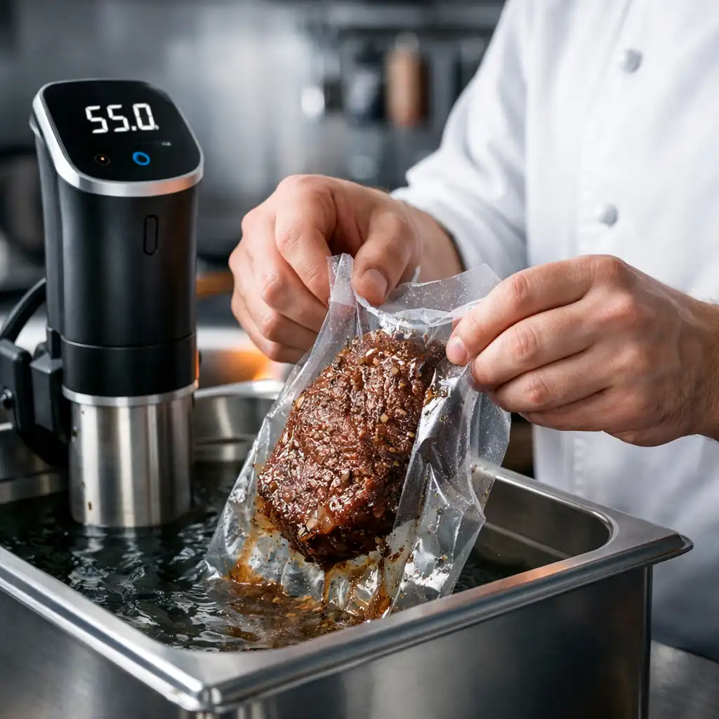 Szakács keze sous-vide technikával készült húst vesz ki a vákuumtasakból
